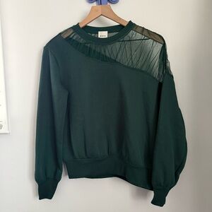 Anthropologie Maeve XS Sheer-Shoulder Pullover Knit Top Green Holiday Evening